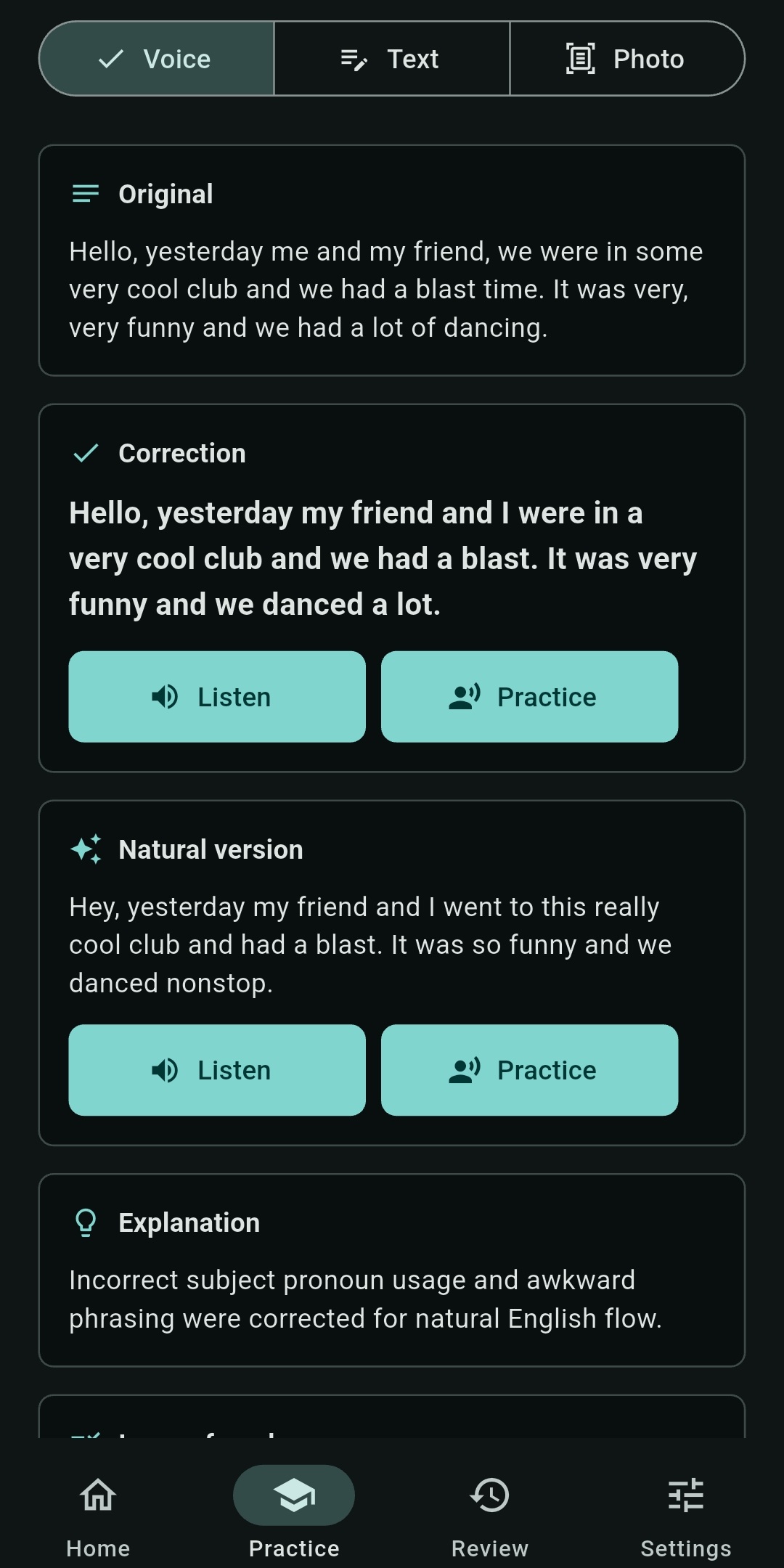 A correction, natural alternative, and explanation in English Voice Coach