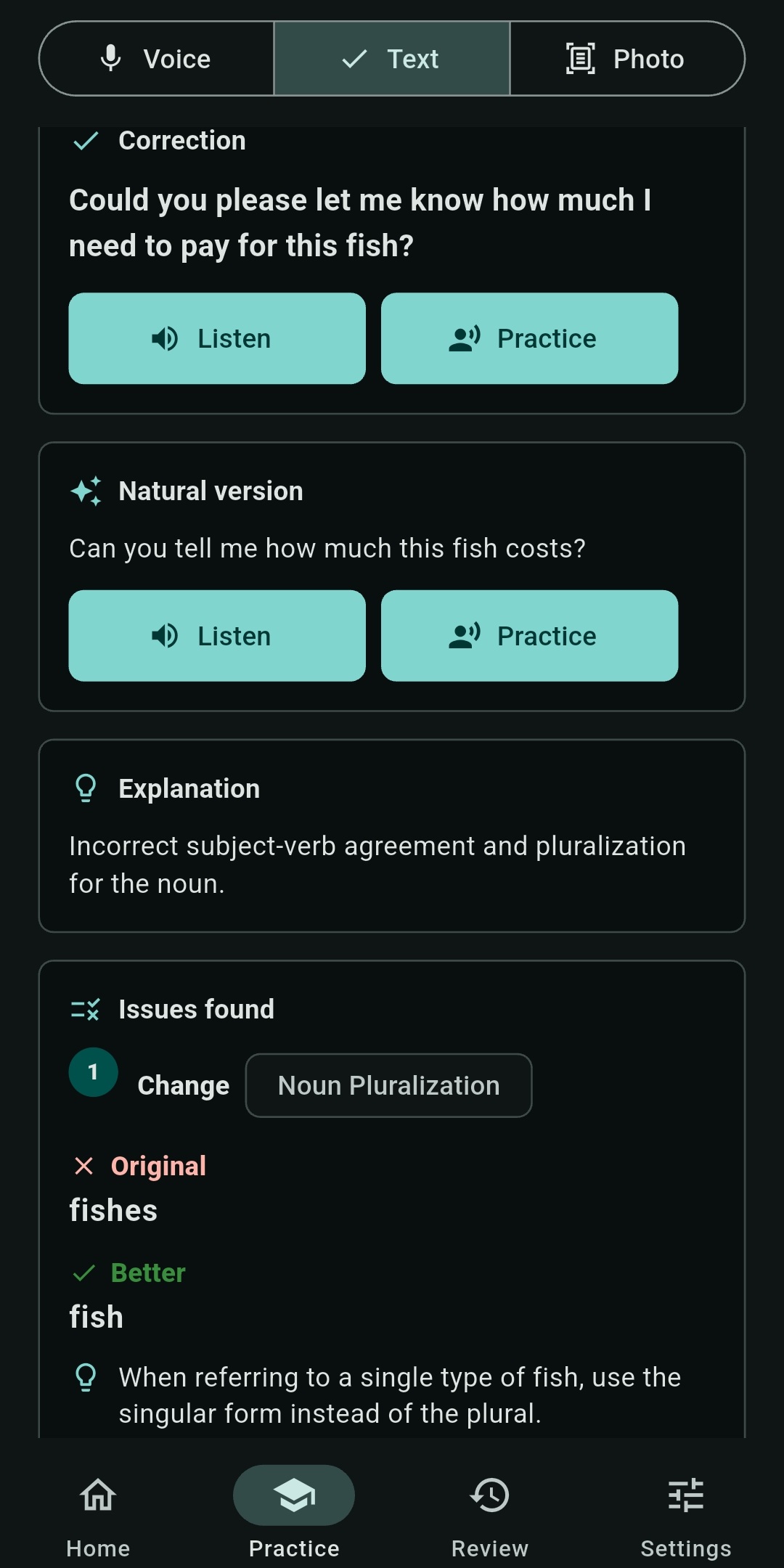 English issue details with an explanation and example