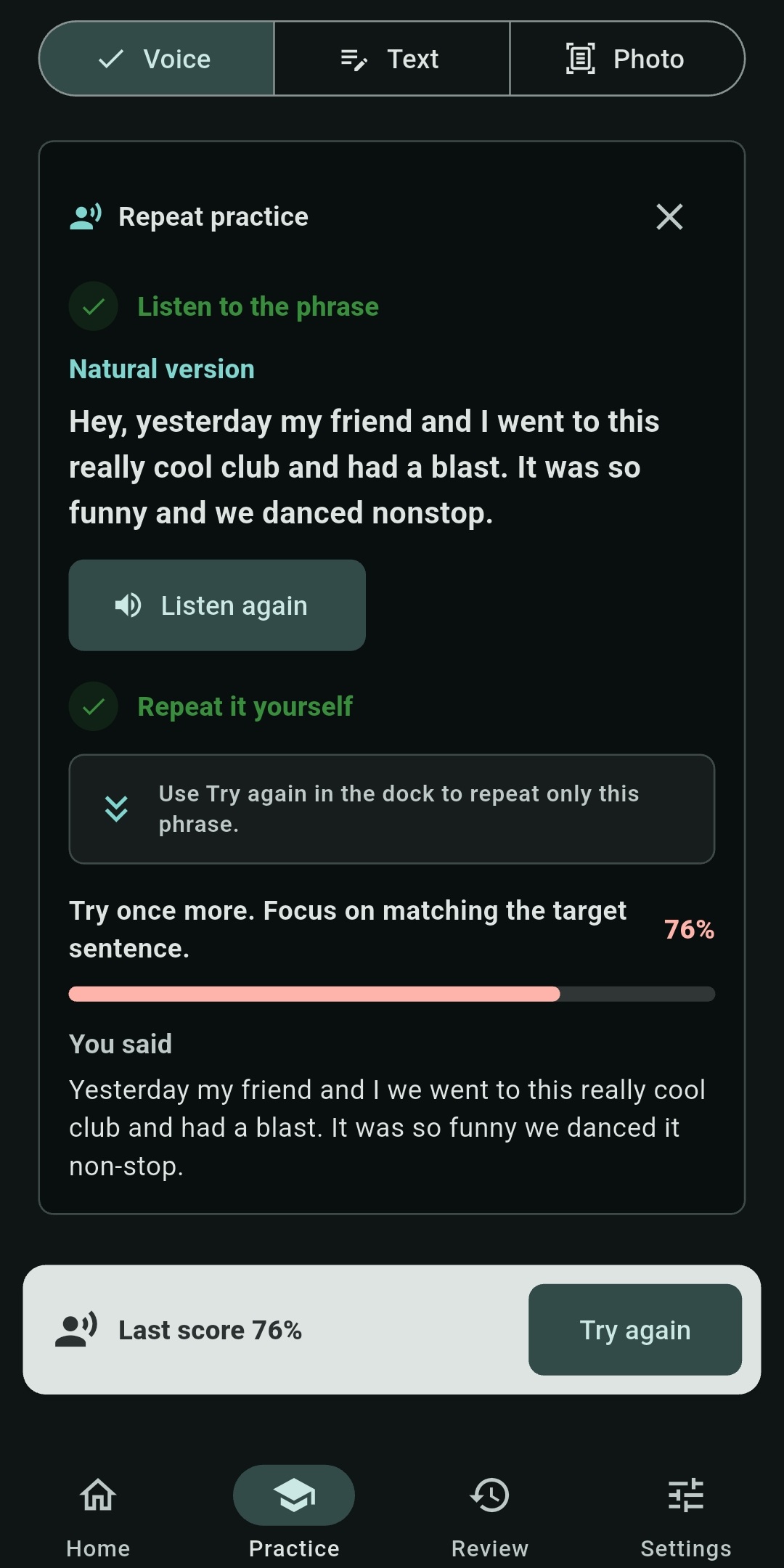 Repeat-practice result with a phrase match score