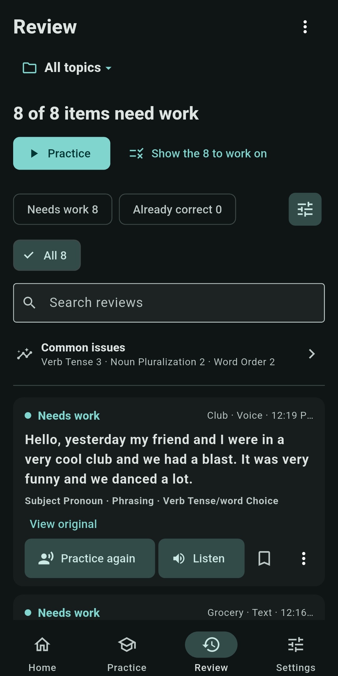 Saved phrase review organized by topic and common issues