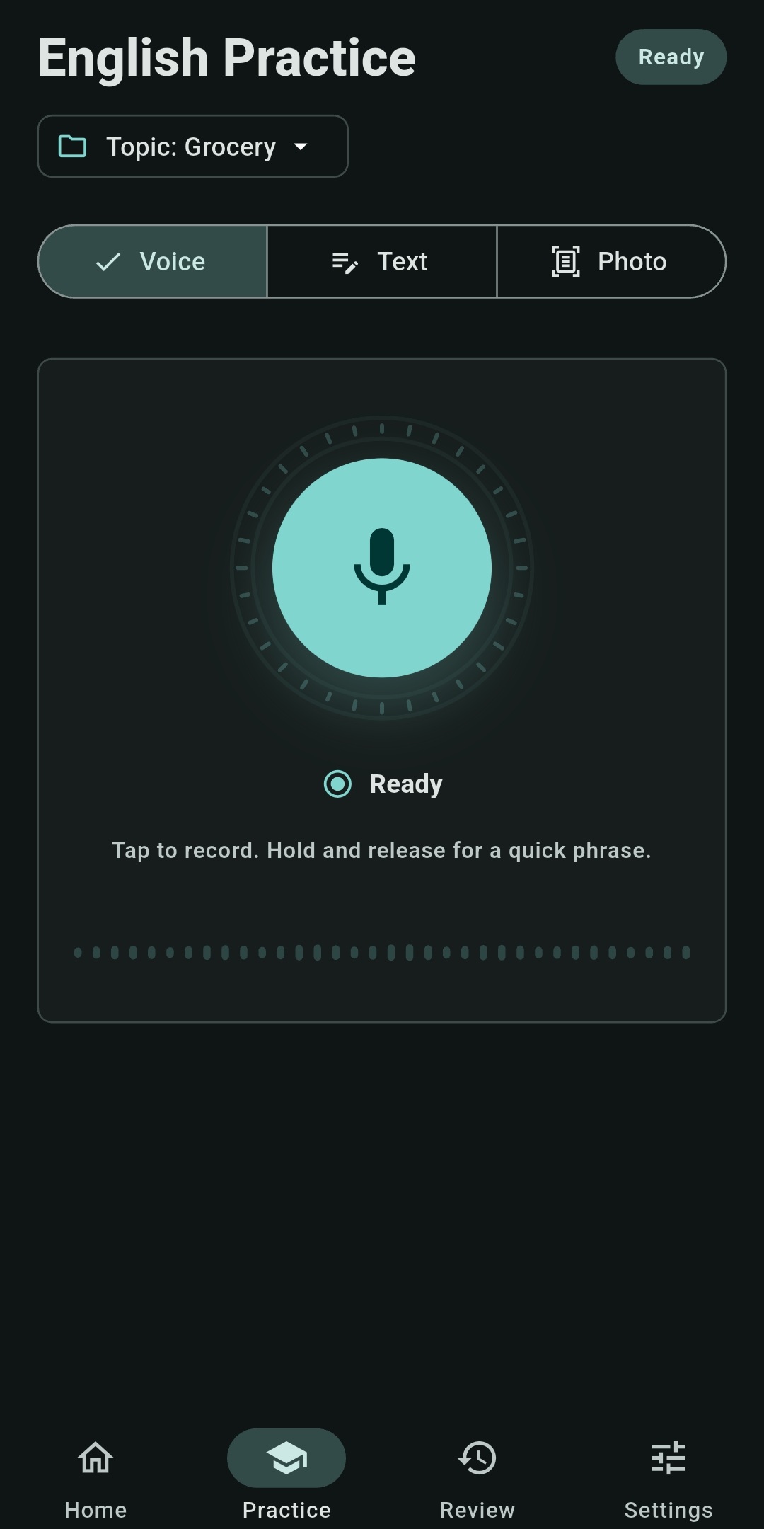 English Voice Coach voice-practice screen ready to record